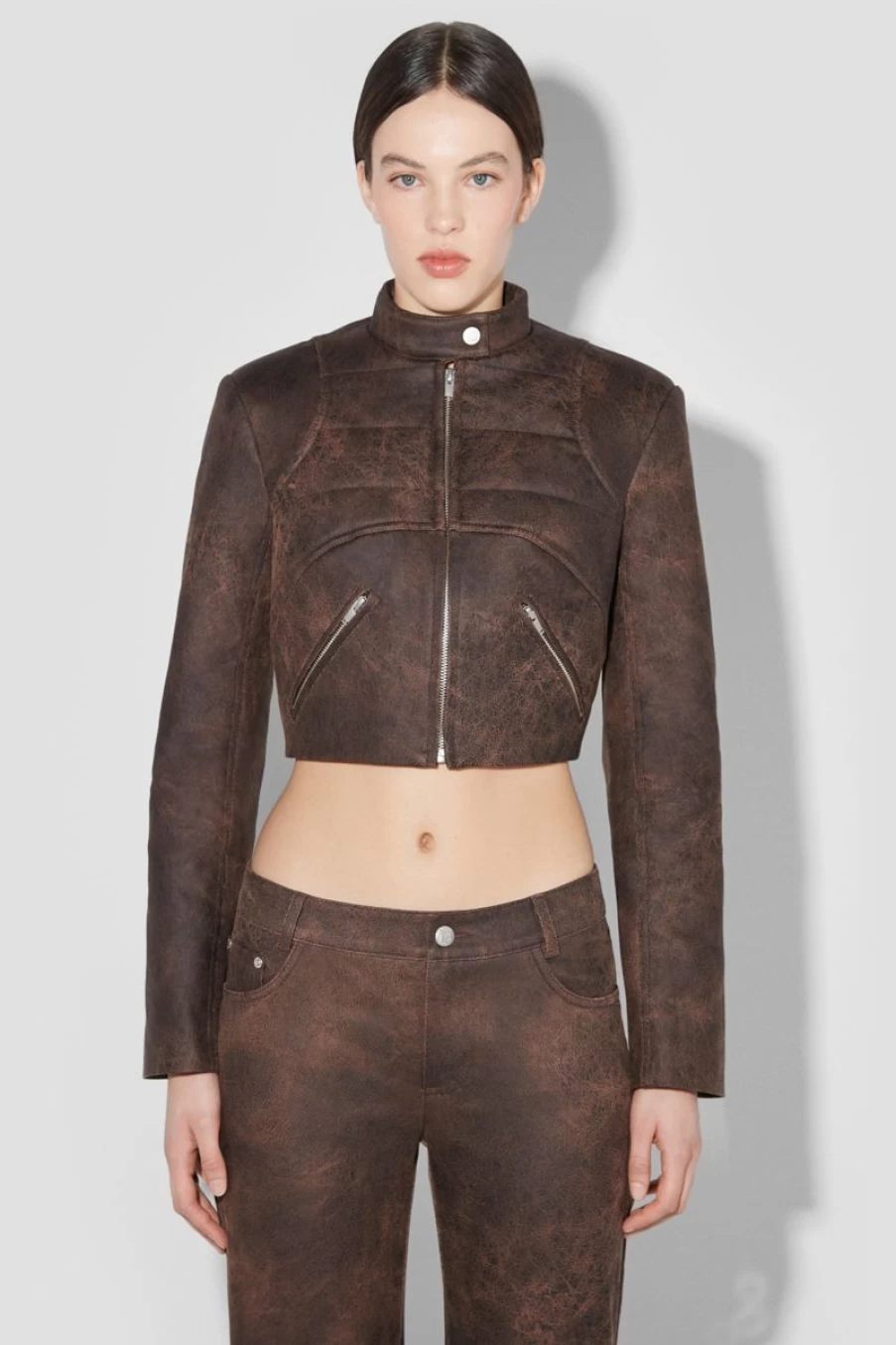 MISBHV Cracked Faux Leather Cropped Moto Jacket Brown New