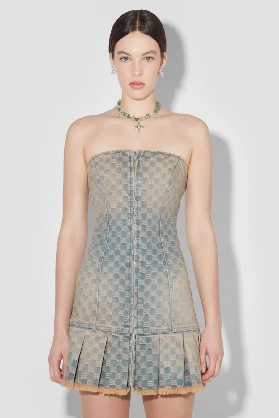MISBHV Jacquard Denim Monogram Pleated Mini Dress Blue Hot
