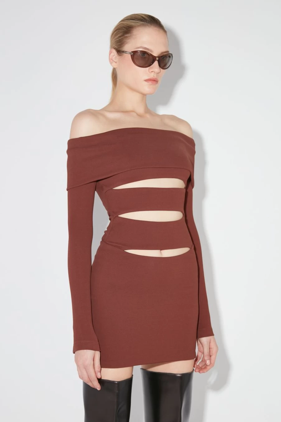 MISBHV Elena Off Shoulder Mini Dress Brown Online