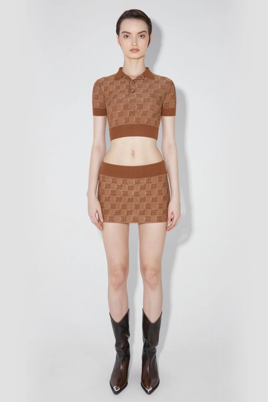 MISBHV Silk Wool Knitted Monogram Mini Skirt Desert Beige Clearance